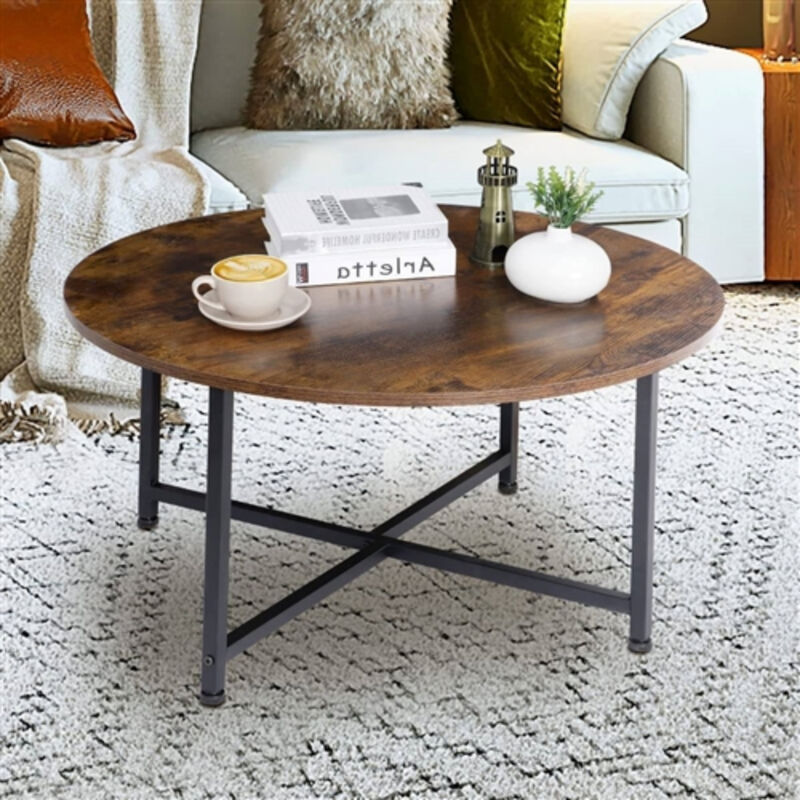 Chic Industrial Round Coffee Table with Wood Top and Metal Frame