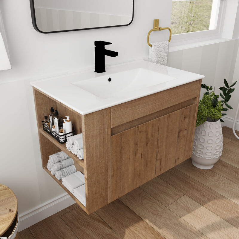 30 Inch Bathroom Vanity With White Ceramic Basin and Adjust Open Shelf(KD-PACKING)