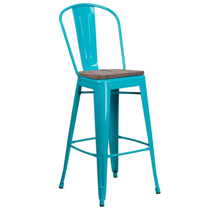 Flash Furniture 30" High Crystal Teal-Blue Metal Barstool with Back and Wood Seat