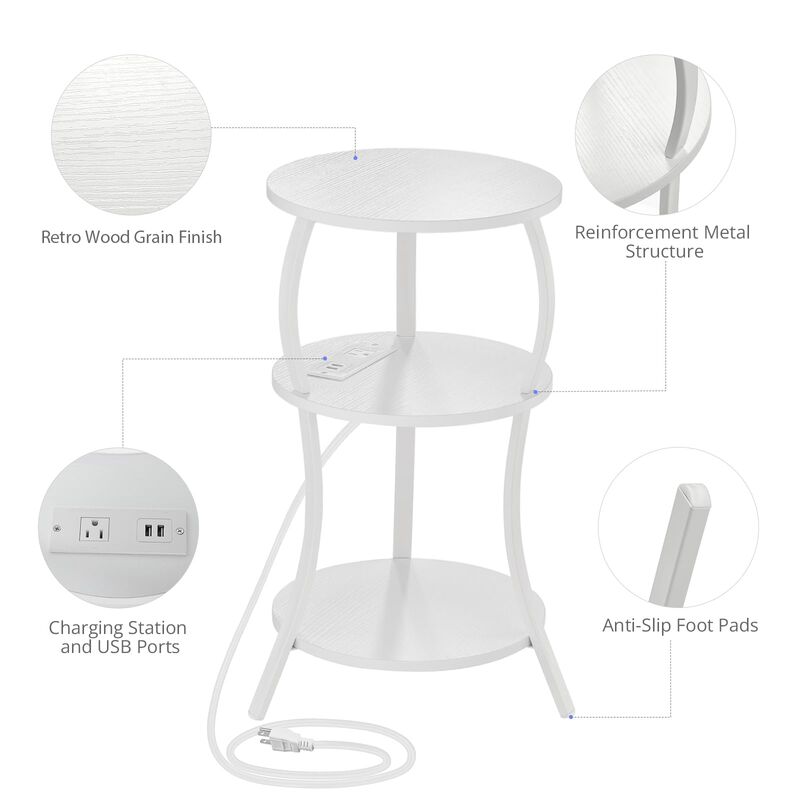 Small Round Side Table with Charging Station, 3-Tier Waist Circular End Table with Storage Shelf, Compact Tea Sofa Side Table Sm