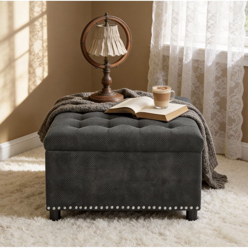 Square Storage Ottoman with Tufted Top & Nailhead Trim, Footstool, Dark Grey image number 4