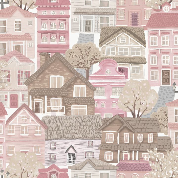 Kids and Teens Whimsical Houses Pink Wallpaper G78602