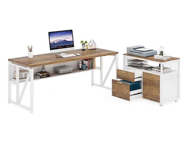 Office Desk Set &ndash; 63" Light Walnut L‑Shaped Executive Computer Table with File Cabinet image number 0