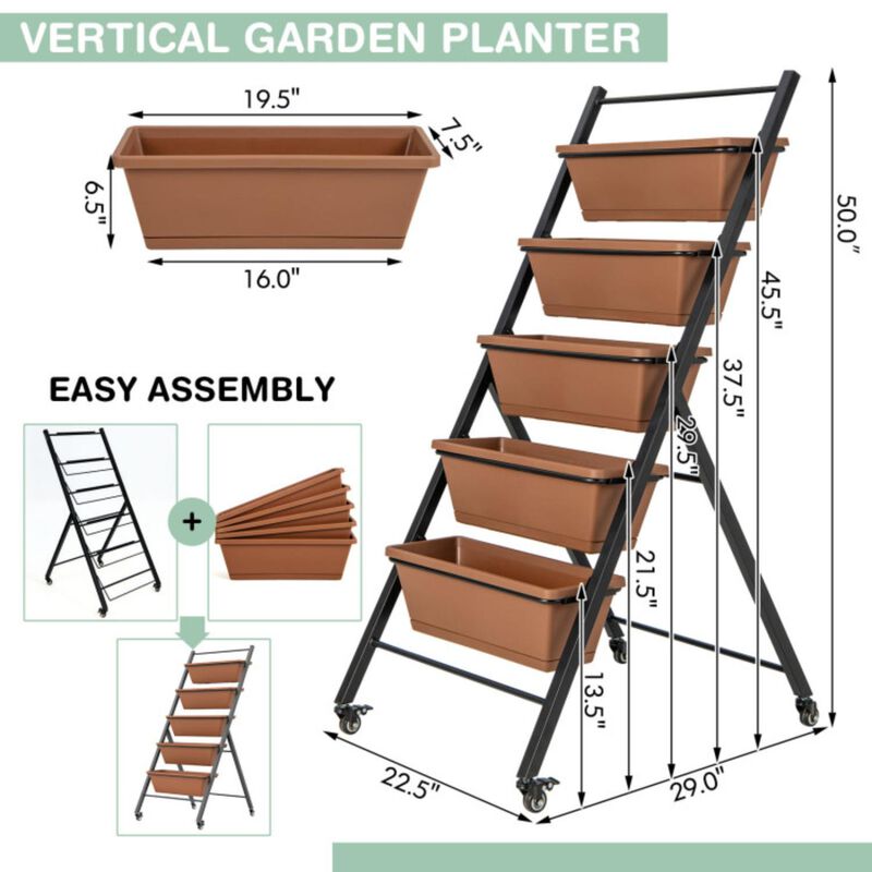 Hivvago 5-Tier Vertical Raised Garden Bed with Wheels and Container Boxes-Brown