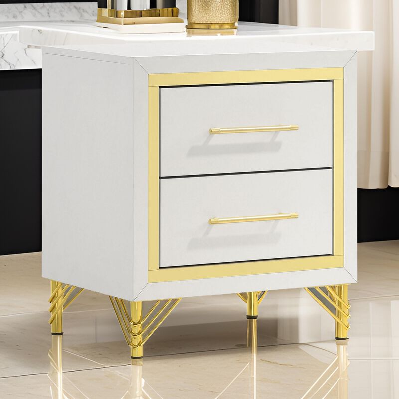 Jenny Nightstand, 2 Drawers, Hairpin Style Legs in Gold, Bar Handles, White - Benzara