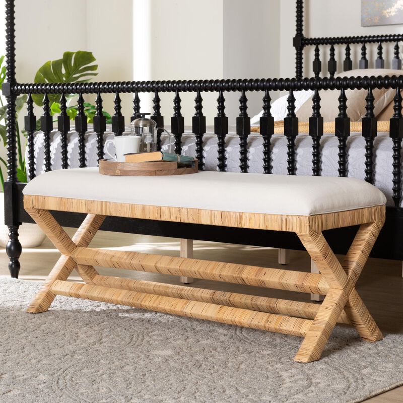 bali & pari Christy Natural Rattan Bench - Hand Wrapped Wicker Accent Seating with Upholstered Cushion and Crisscross Frame image number 5