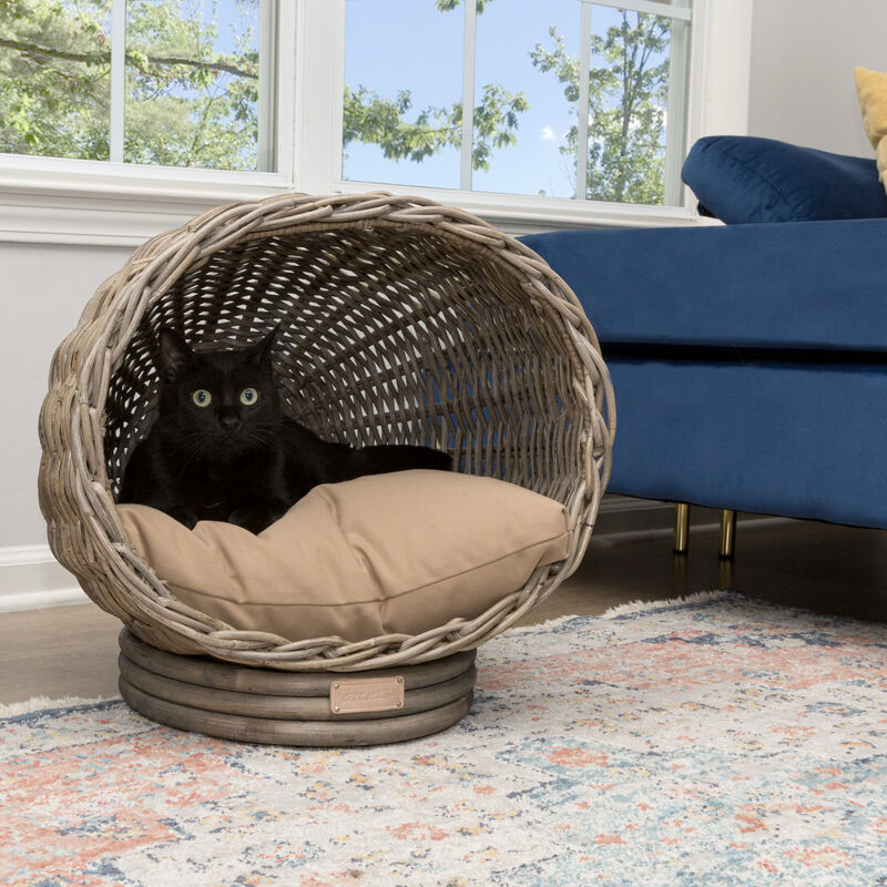 Socket Dome 19.5" x 17" Bohemian Handwoven Rattan Cat Bed with Machine-Washable Cushion, Kubu Gray