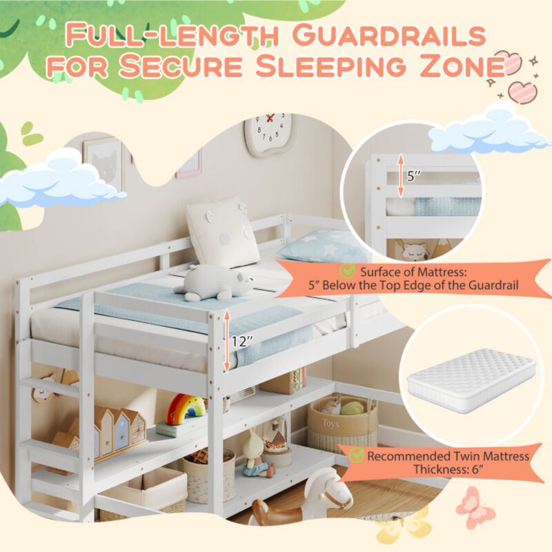 Loft Bed with Storage Shelves, Full-Length Guardrails, and Built-In Ladder