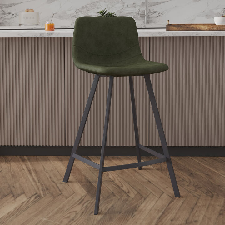 Elland Modern Upholstered Leather Bar Stool With Black Iron Legs & Footrest