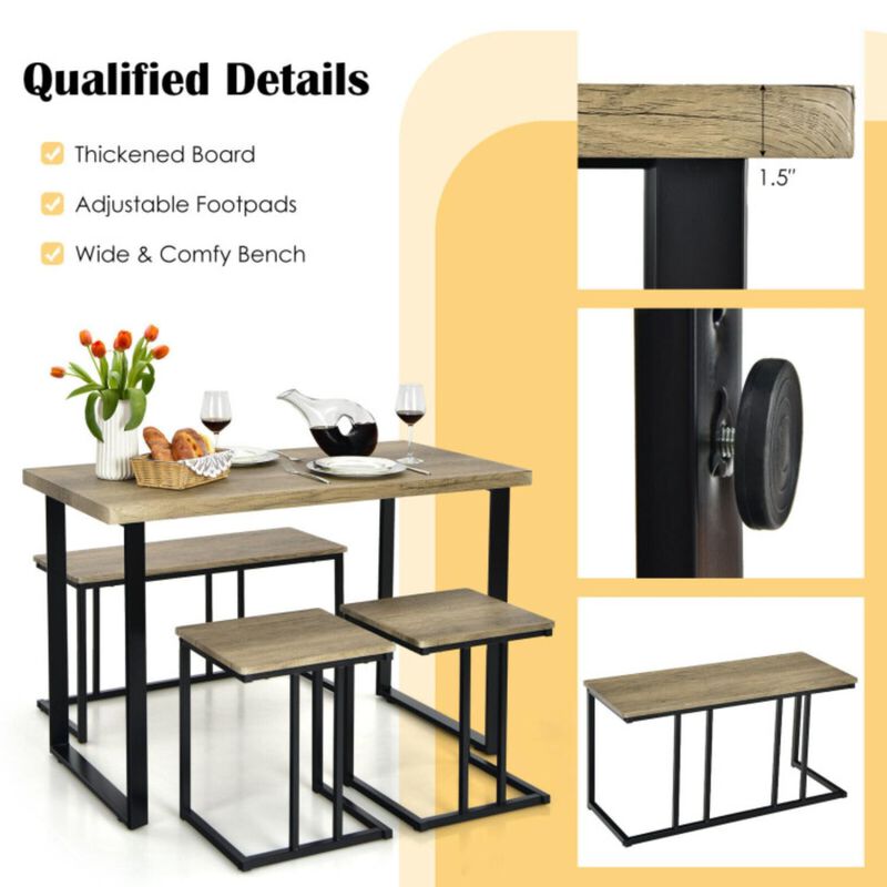 Hivvago 4 Pieces Industrial Dinette Set with Bench and 2 Stools-Oak