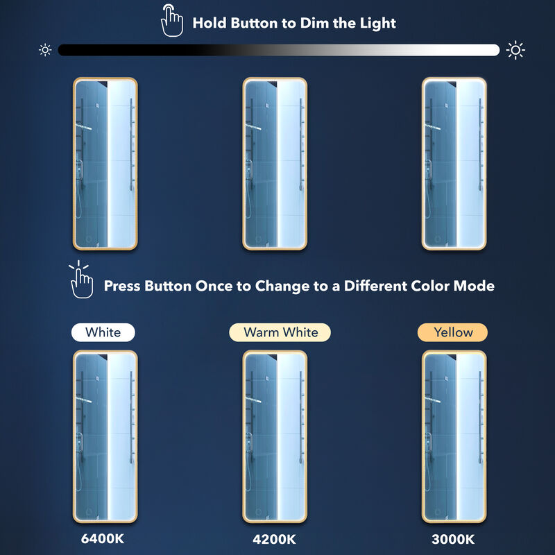 Tatum Crystal Lining Rectangle Framed Antifog Front-Lit Tri-Color Wall Or Floor Full-Length Mirror, Smart Touch