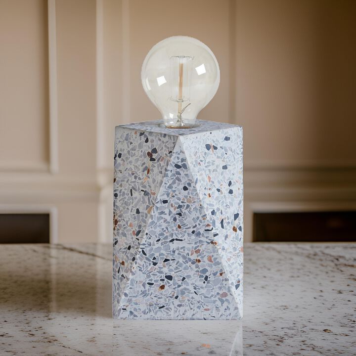 Joen 7 Inch Modern Small Table Lamp, Solid Stone Sculpture, White Terrazzo - Benzara