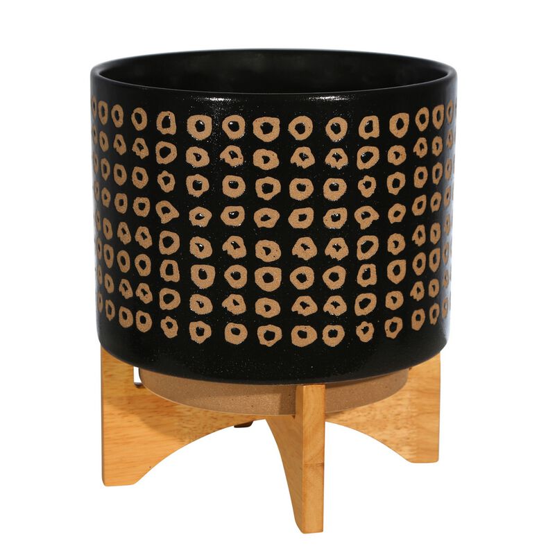 Planter with Wooden Stand and Abstract Design, Large, Black - Benzara