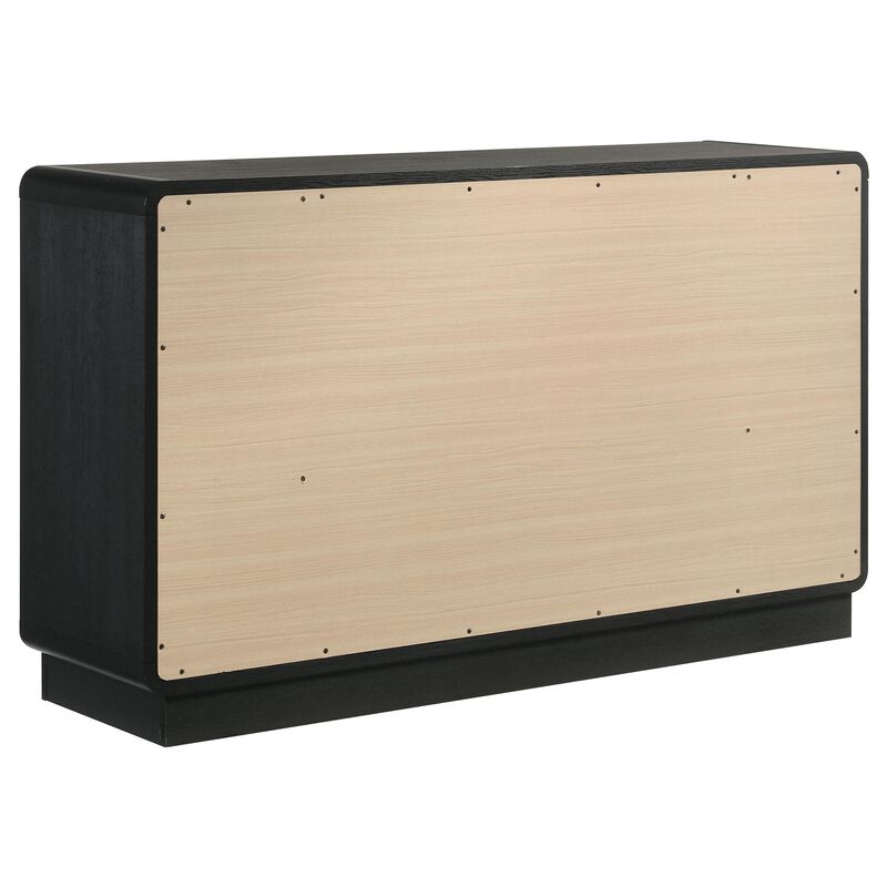 Cavy Wide Dresser, 6 Storage Drawers, Black Wood, Round Gold Knobs - Benzara