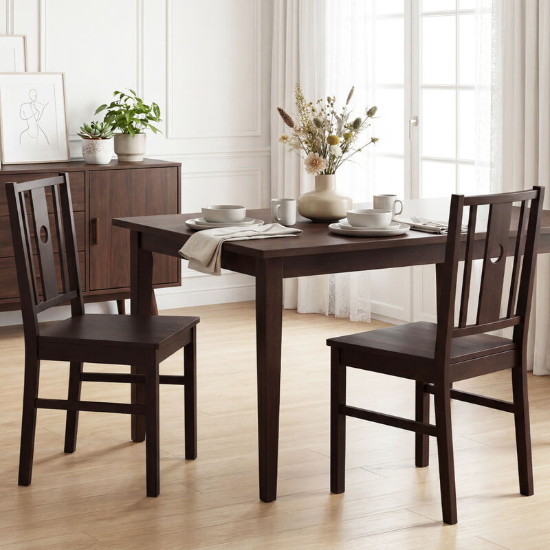Solid Rubber Wood Kitchen Dining Chairs Set of 2 with Slatted Curved Back Design-Coffee image number 1
