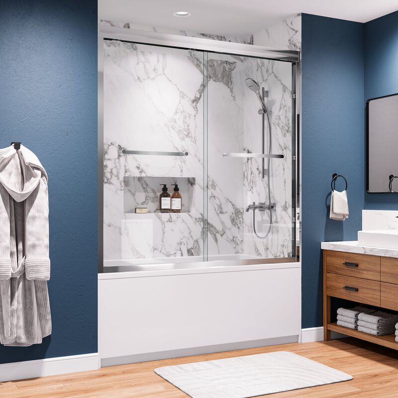 Silver Bathtub Shower Door, Thickened Aluminum Frame with 4" Adjustment