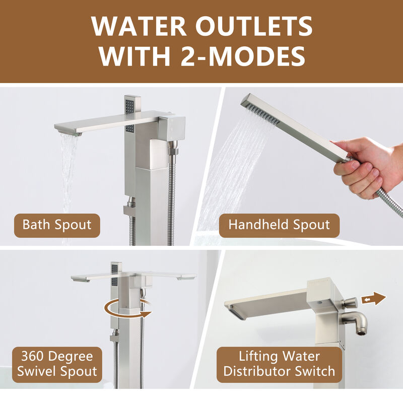 Mondawe 1-Handle Brushed Nickel Floor Mount Freestanding Tub Faucet with Square Hand Shower