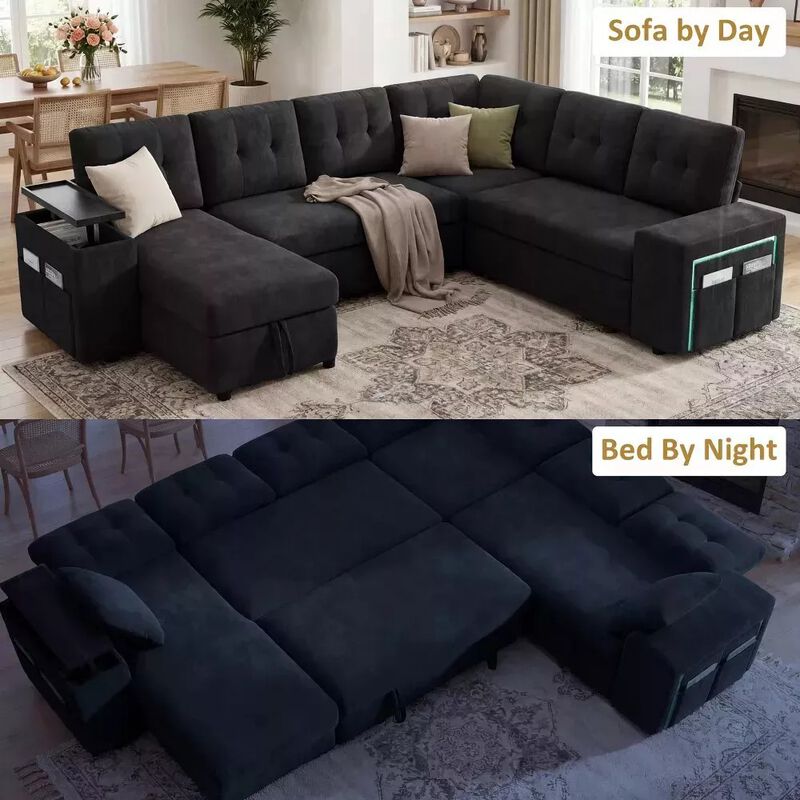 Vipbear 112" U-Shaped 7-Seat Modular Chenille Sectional Sleeper Sofa, Pull Out Bed Reclining Couch image number 3
