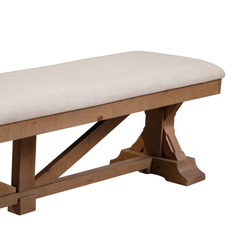 Tess 69 Inch Dining Accent Bench, Beige Fabric Cushion, Pine Wood, Brown-Benzara image number 5
