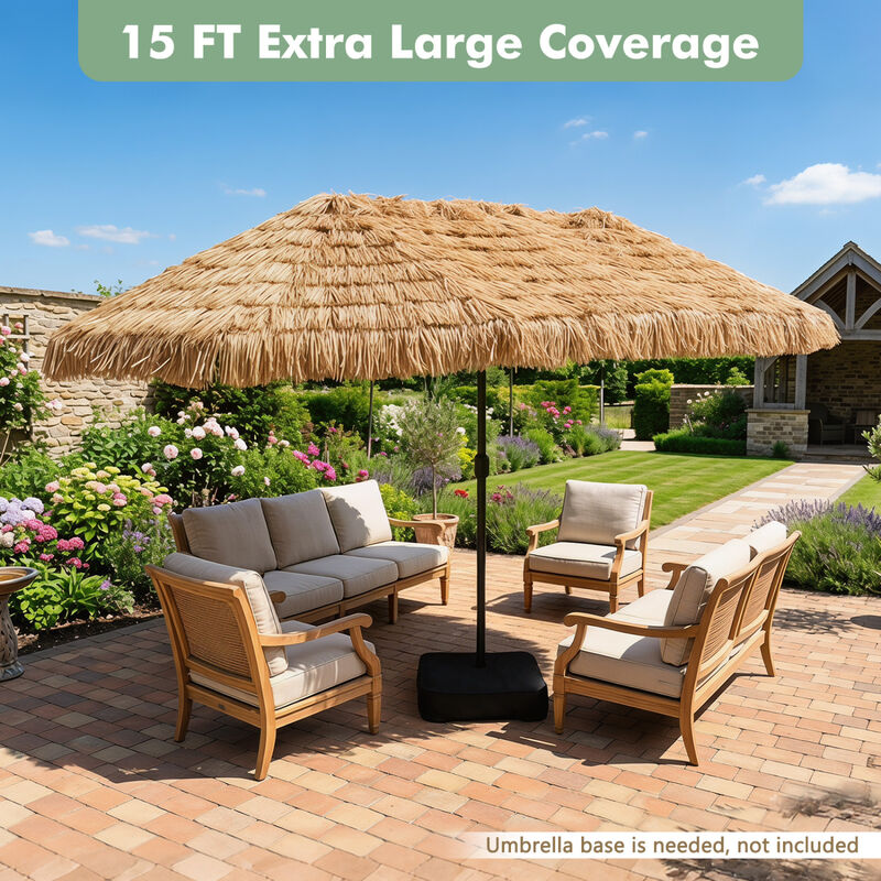 Large 15 x 9 Feet Double Sided Tiki Umbrella with Crank Lift and 12 Strong Ribs for Patio Garden image number 3