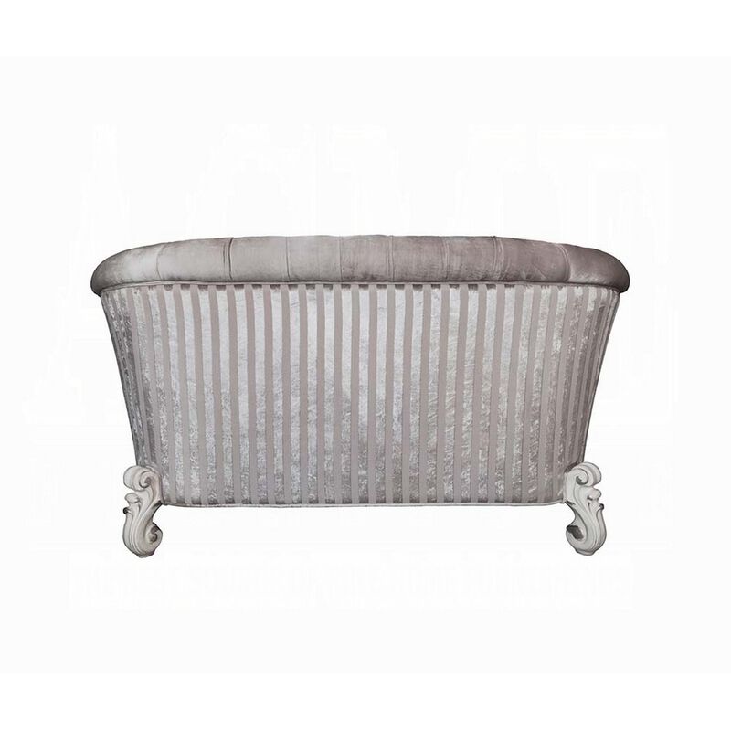 Kai Loveseat, 5 Pillows, Tufted Ivory Fabric, Scrolled, White, 76 Inch - Benzara - Benzara