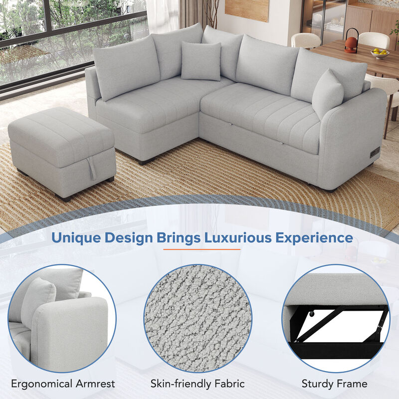 Merax L-shaped Sectional Pull Out Sofa Bed Sleeper Sofa with 2 USB Ports. image number 3