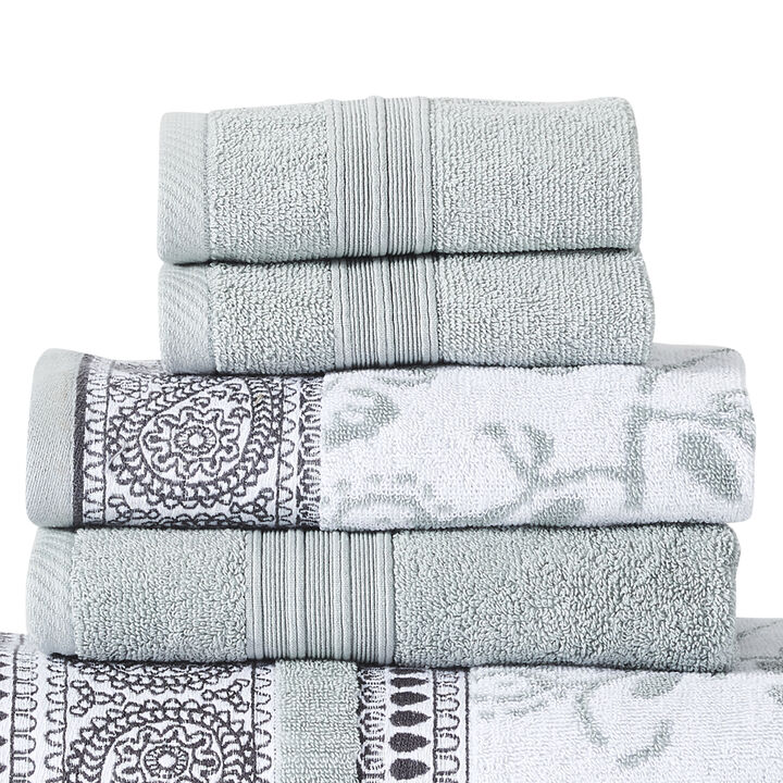 Veria 6 Piece Towel Set with Paisley and Floral Pattern The Urban Port, Sage Blue-Benzara