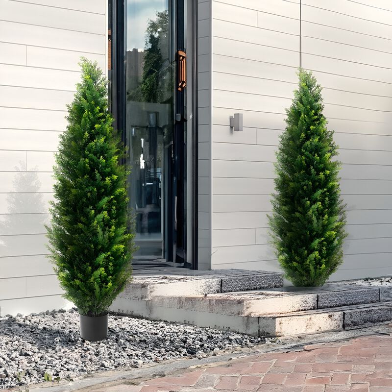 Set of 2 Artificial Cedar Topiary Trees with Pots UV Resistant Faux Evergreen Home Decor-Green image number 1