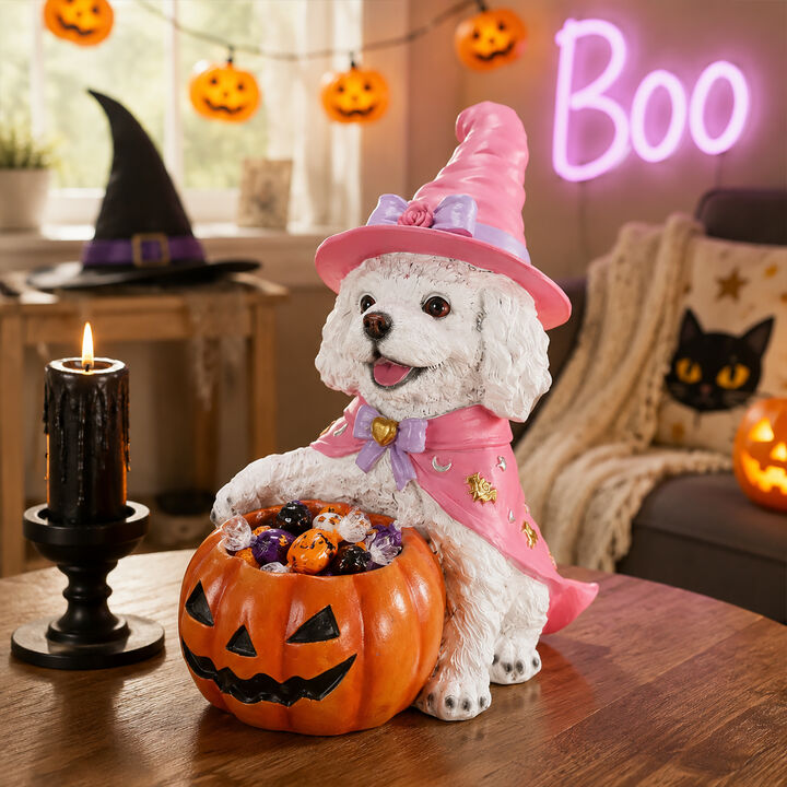Ripfes Halloween Resin Labrador Witch Figurine with Pumpkin Candy Bowl