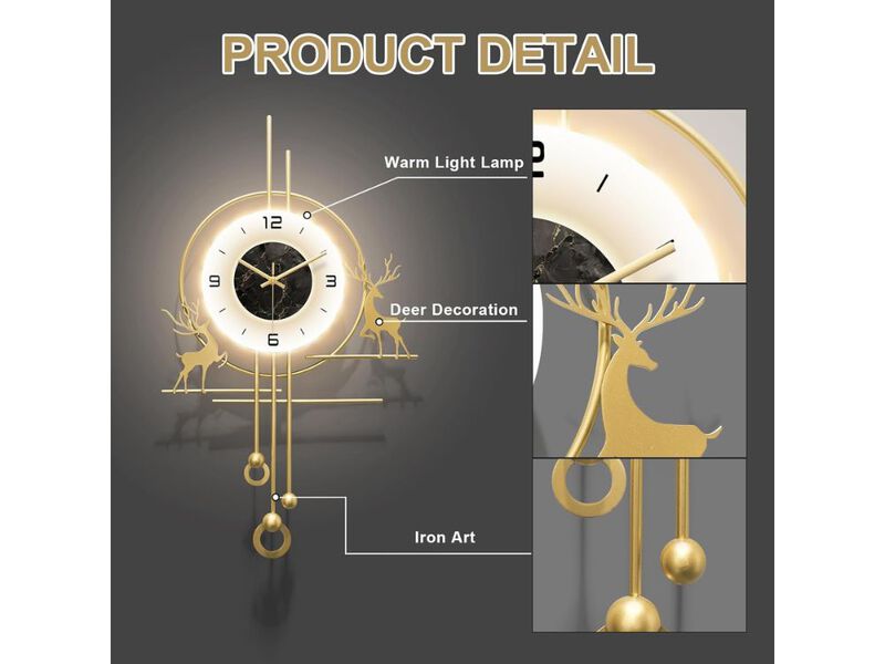 Large Gold Wall Clock - Decorative Silent Metal Clock with Light for Home & Office image number 2