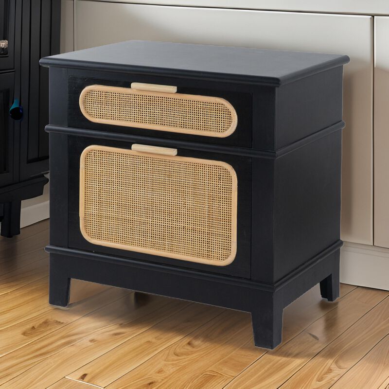 Dana 27 Inch Bedside Table, 2 Rattan Drawers, Pine Wood, Black, Brown - Benzara