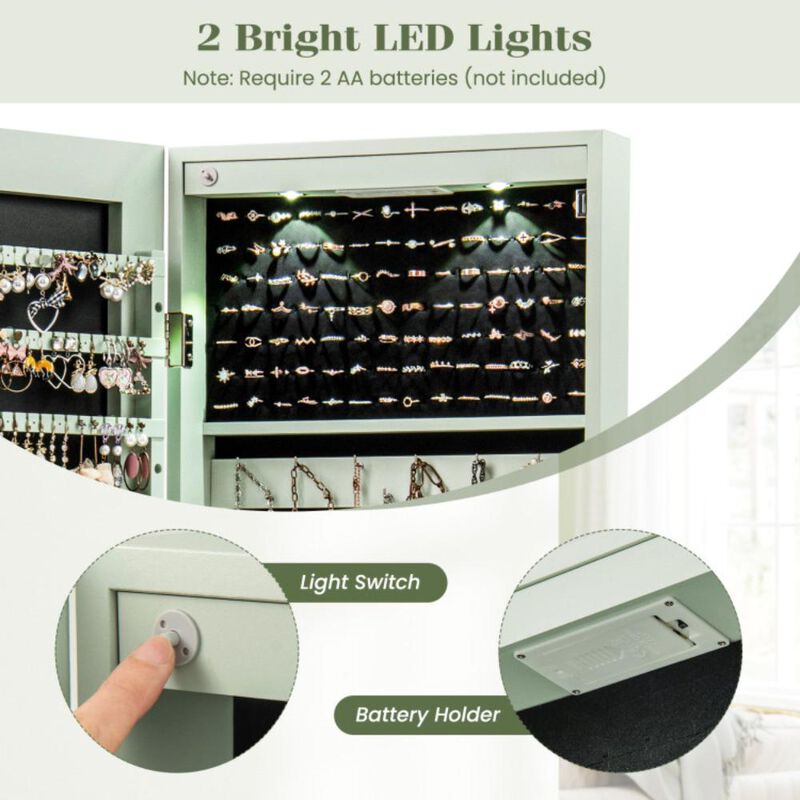 Hivvago Wall and Door Mounted Mirrored Jewelry Cabinet with Lights