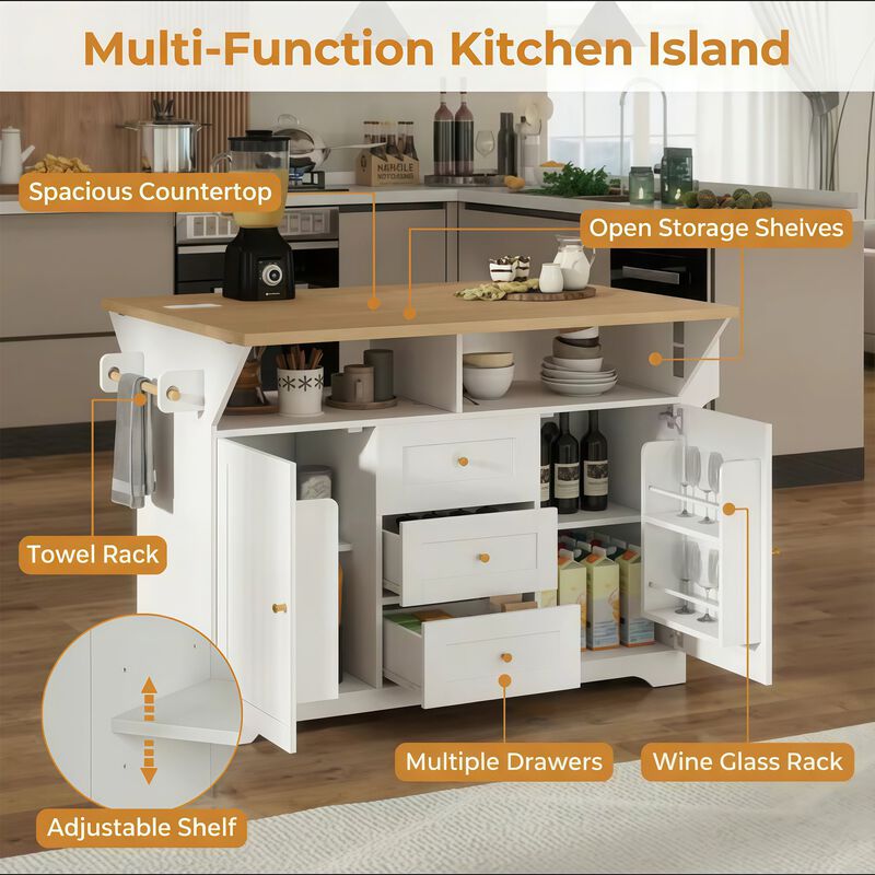 Rolling Kitchen Island with Power Outlet, Spice Rack & 2 Drop Leaf image number 3