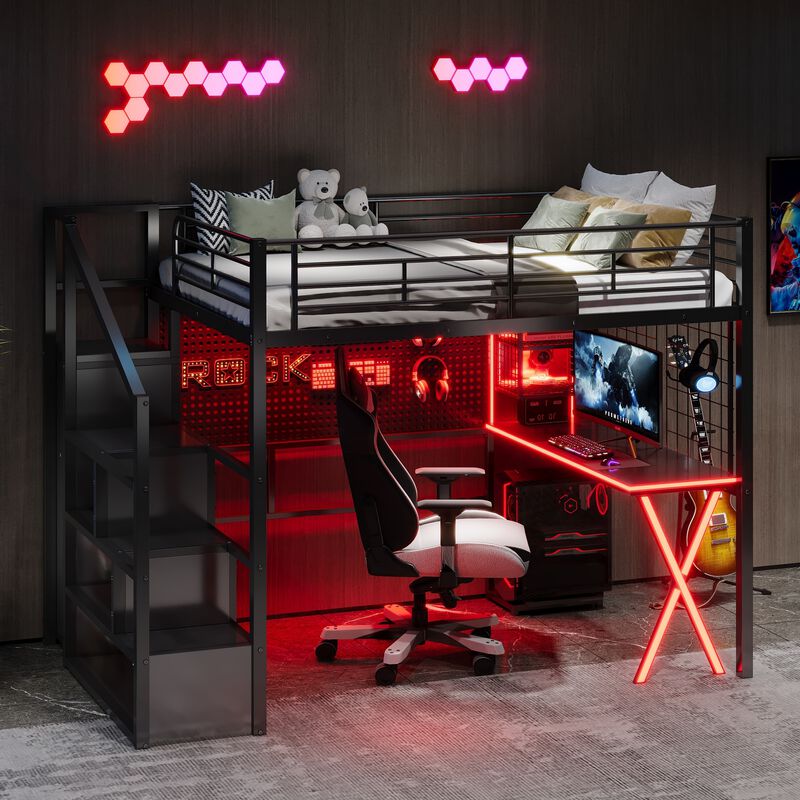 Merax Full Size Black Metal Loft Bed with Workstation, Wardrobe image number 1