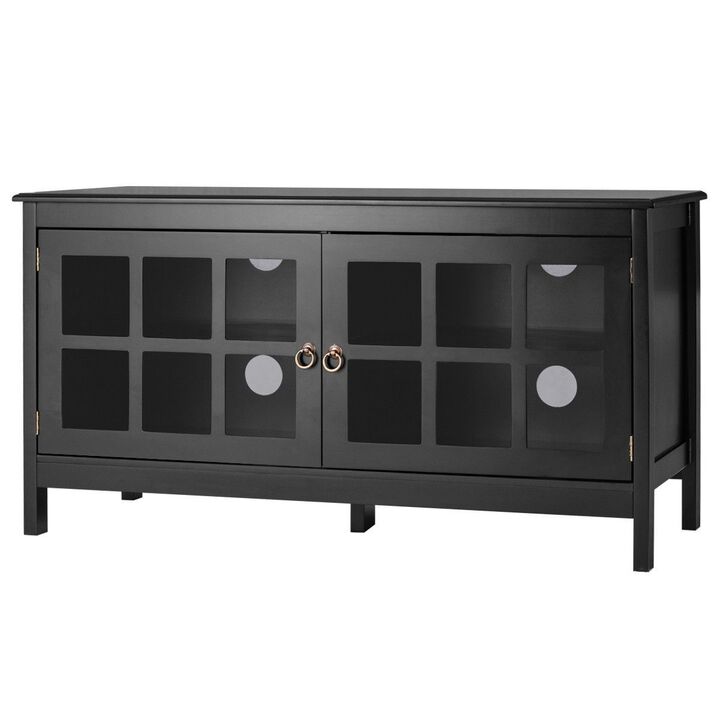 QuikFurn Black Wood Entertainment Center TV Stand with Glass Panel Doors