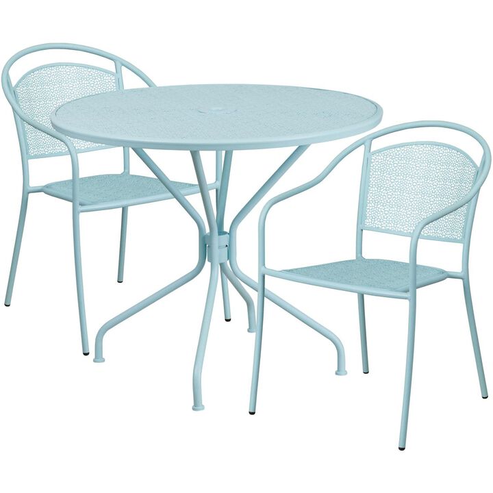 Flash Furniture Commercial Grade 35.25" Round Sky Blue Indoor-Outdoor Steel Patio Table Set with 2 Round Back Chairs