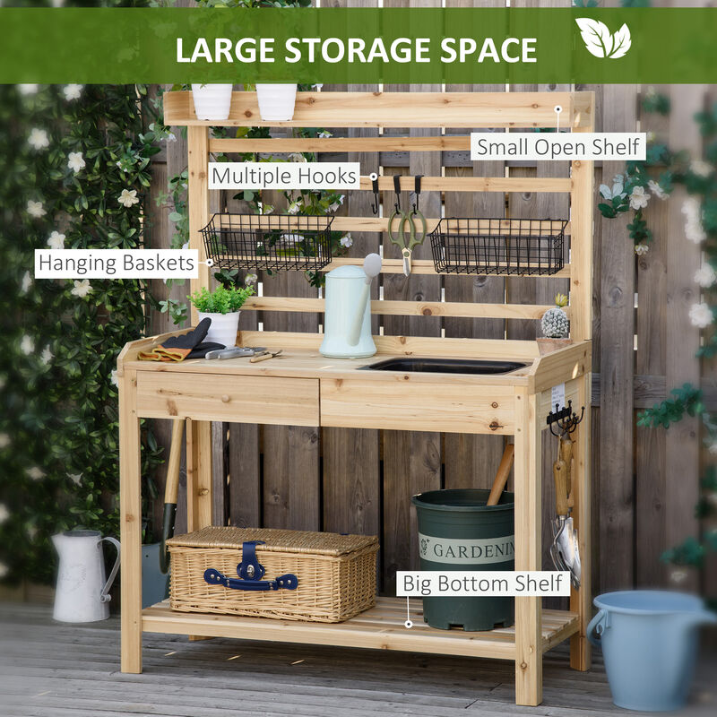 Outsunny Potting Bench Table, Garden Work Bench, Workstation with Metal Sieve Screen, Removable Sink, Additional Hooks and Baskets for Patio, Courtyards, Balcony, Natural