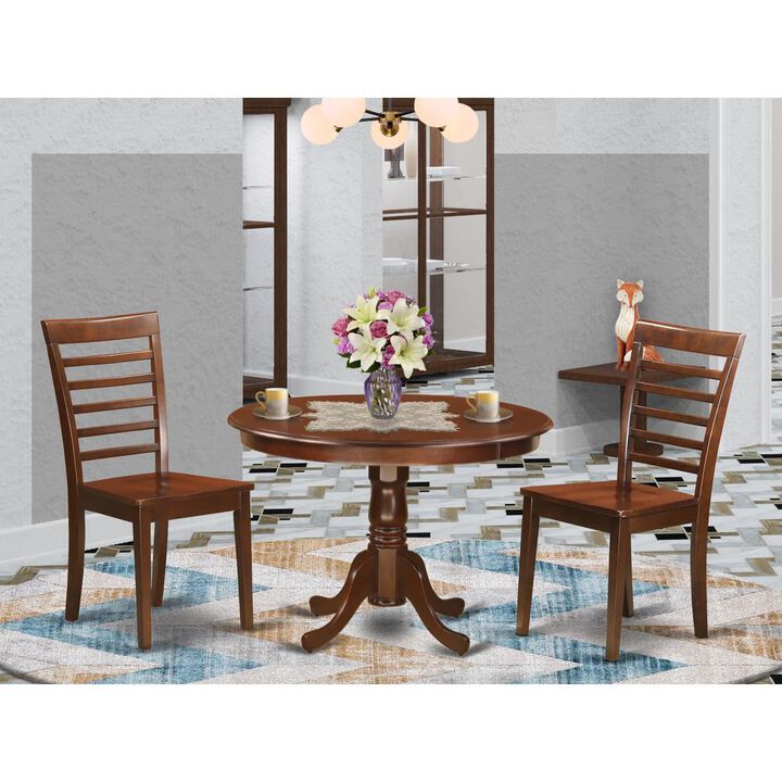 3 Pc set with a Round Table and 2 Wood Dinette Chairs in Mahogany