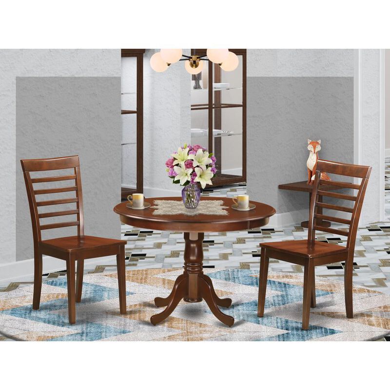 3 Pc set with a Round Table and 2 Wood Dinette Chairs in Mahogany