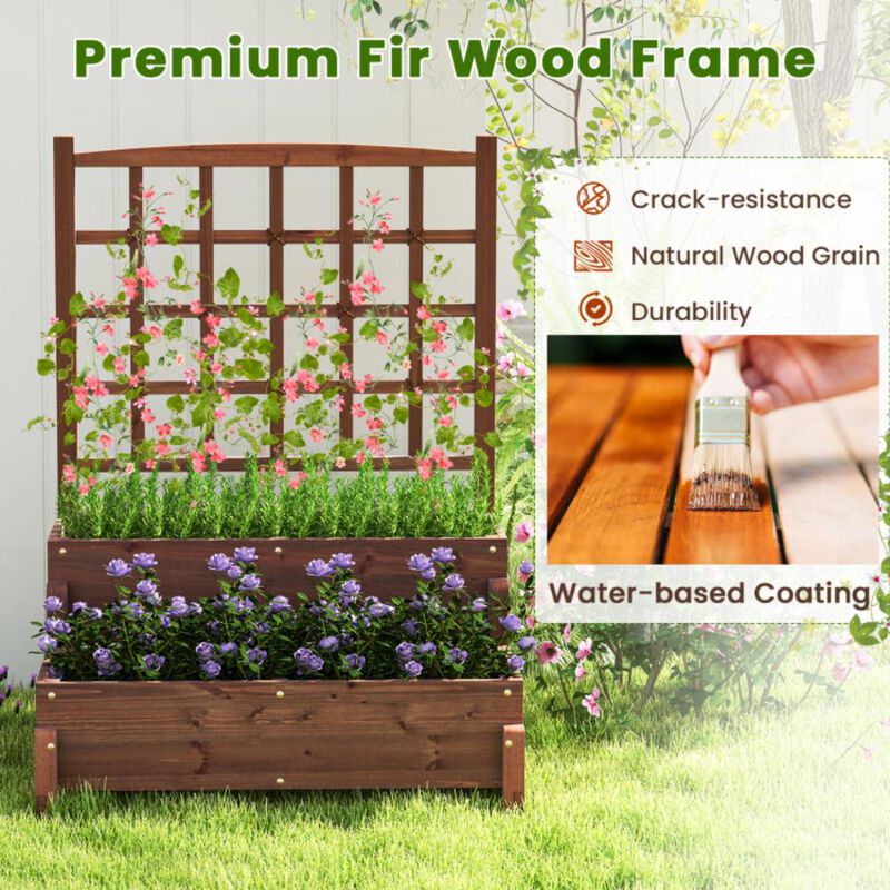 Hivvago Raised Garden Bed with Trellis 2-tier Wood Planter Box with Drainage Holes