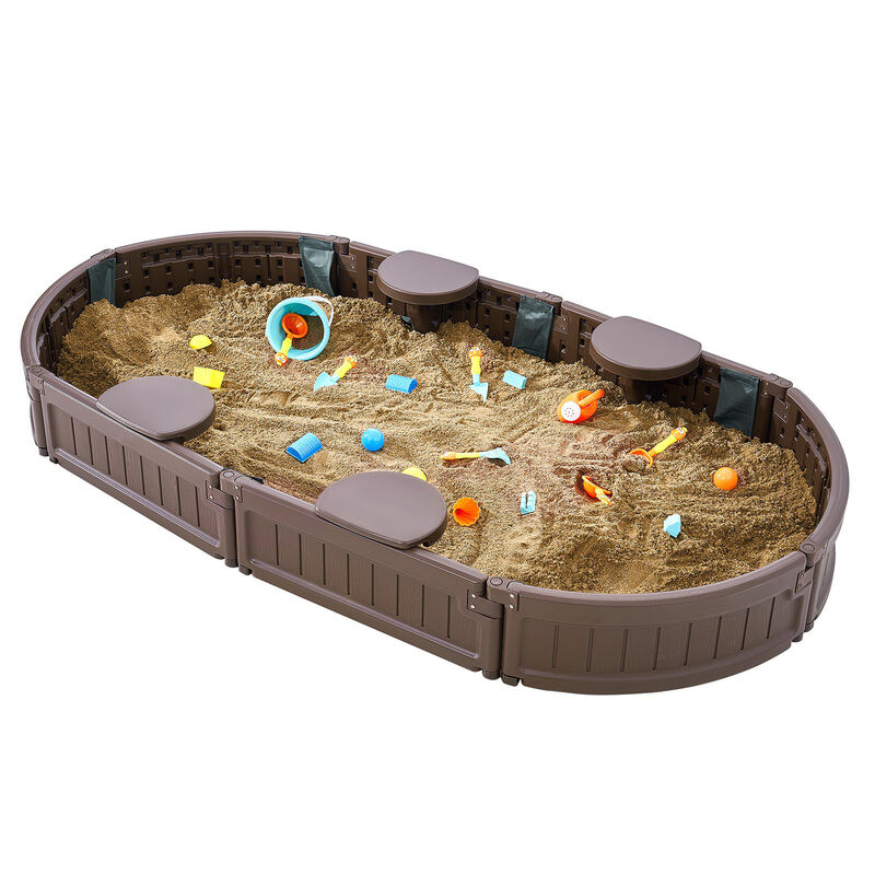 Kids Sandbox with Cover, Oval Sand Pit with 4 Corner Seats for Outdoor Play image number 8
