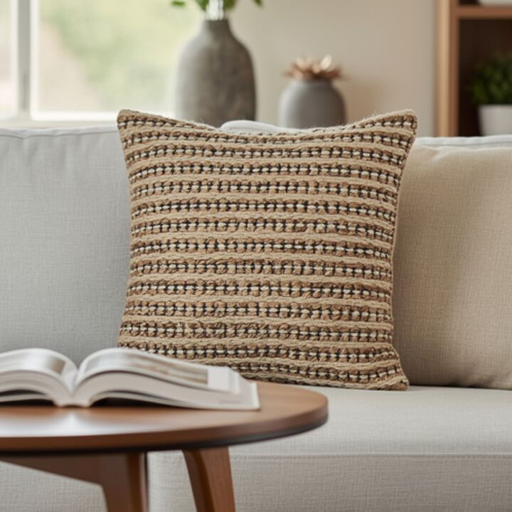 Square Accent Throw Pillow, 20 Inch, Handwoven Stripes on Brown Wool