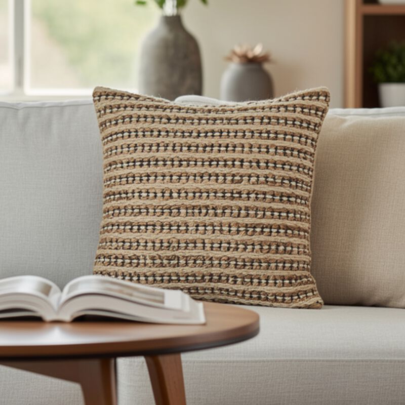 Square Accent Throw Pillow, 20 Inch, Handwoven Stripes on Brown Wool image number 1