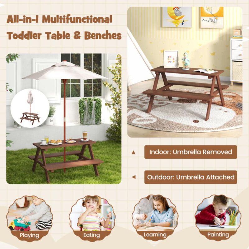 Hivvago Outdoor 4-Seat Kids Picnic Table Bench Set with Removable Umbrella