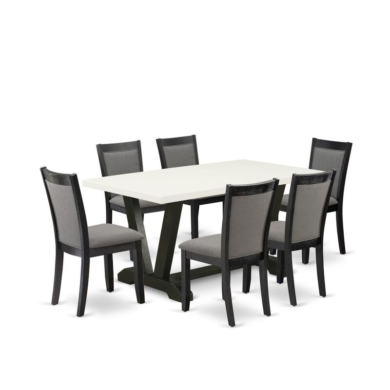 V626MZ650-7 7 Pc Table Set - Linen White Dinner Table with 6 Dark Gotham Grey Parson Chairs - Wire Brushed Black Finish