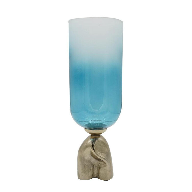 HomeRoots 18" Blue White And Gold Ombre Glass And Aluminum Pedestal Table Vase image number 3