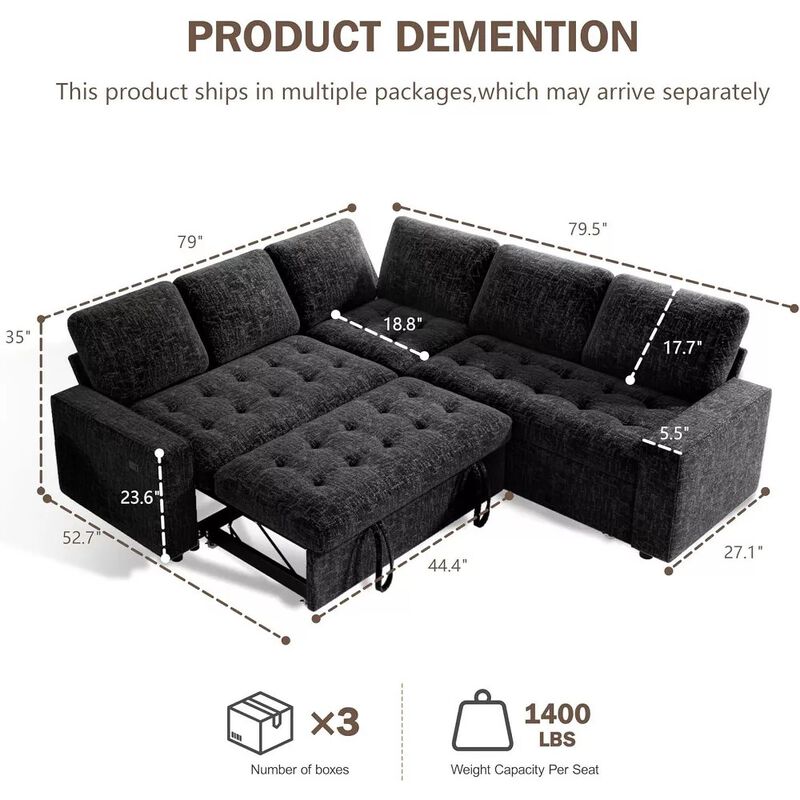 Vipbear 79" 5-Seat L-Shaped Sectional Sleeper Sofa Bed, Chenille Pull-Out Couch with Backrest image number 1