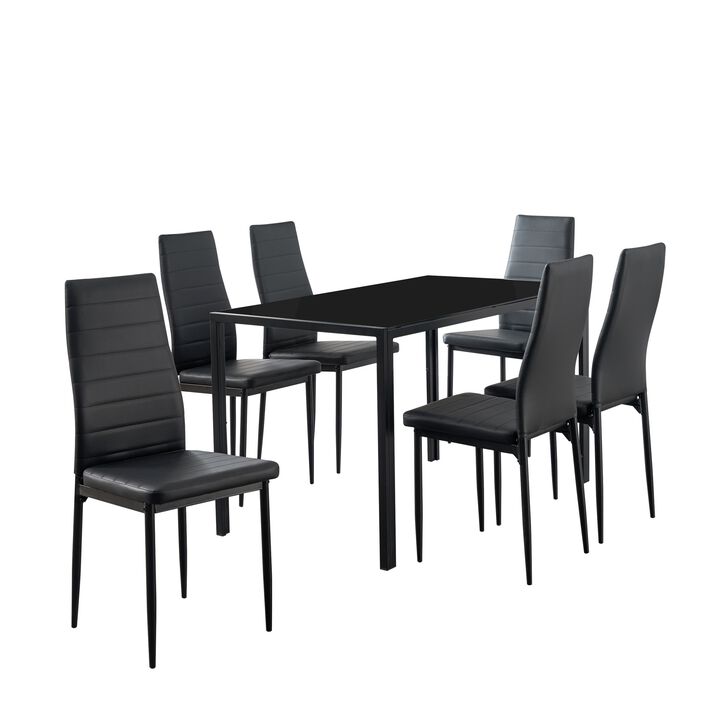 Ned 7 Piece Dining Set, Black Faux Leather Tall Back Chairs, Metal Table - Benzara