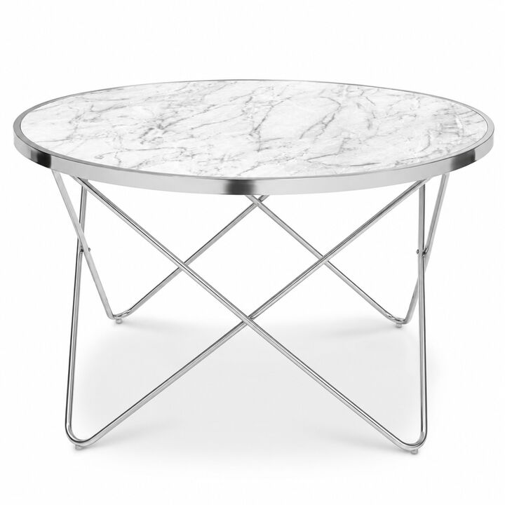 Teamson Home Margo 32" Round Faux White Carrara Marble Coffee Table with Silver Metal Geometric Criss-Cross Base, Modern Accent Table for Living Room or Office