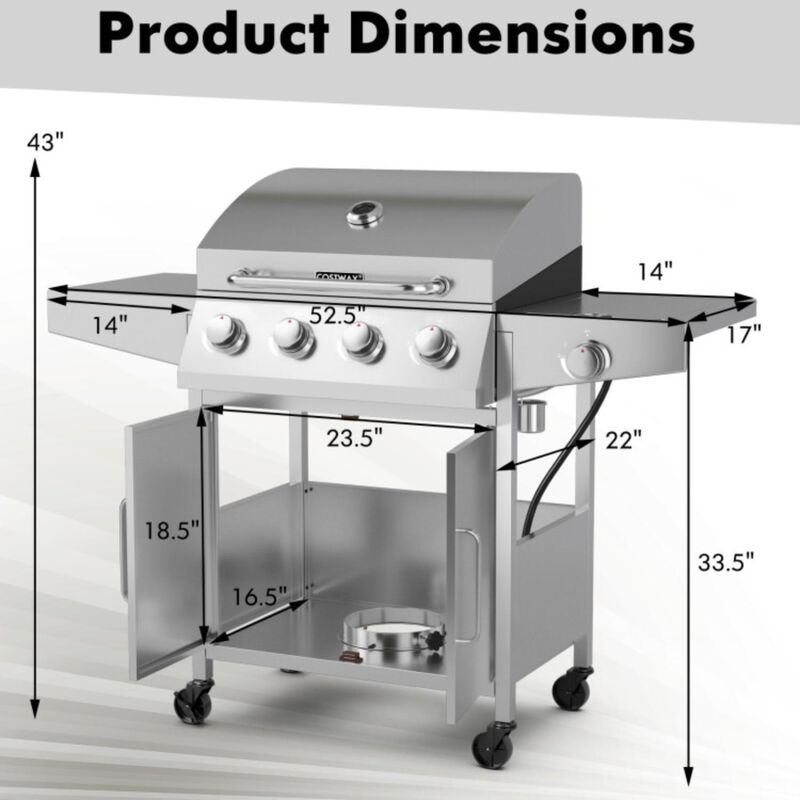 Hivvago 50000BTU 5-Burner Propane Gas Grill with Side Burner and 2 Prep Tables-Silver